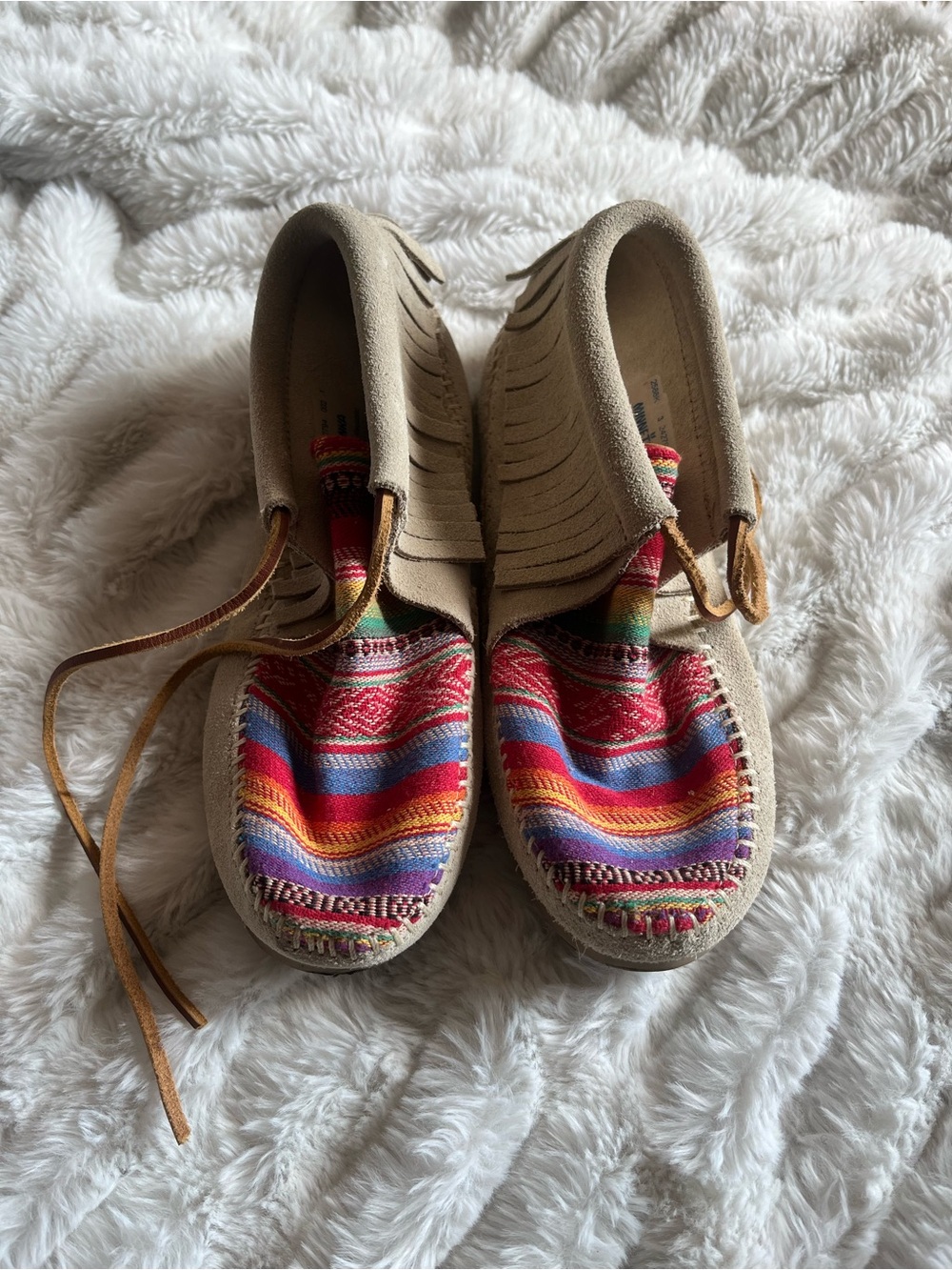 Minnetonka Beige Suede Moccasins with Multicolor Woven Toe